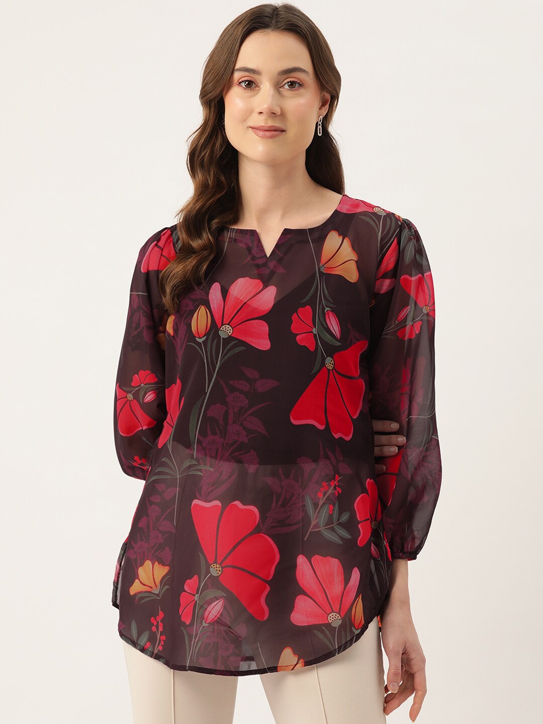 

Sleek Italia Floral Printed Notched Neck Puff Sleeve Georgette Top, Maroon