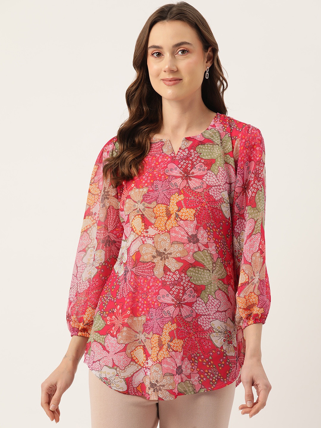 

Sleek Italia Floral Printed Notched Neck Puff Sleeve Georgette Top, Red