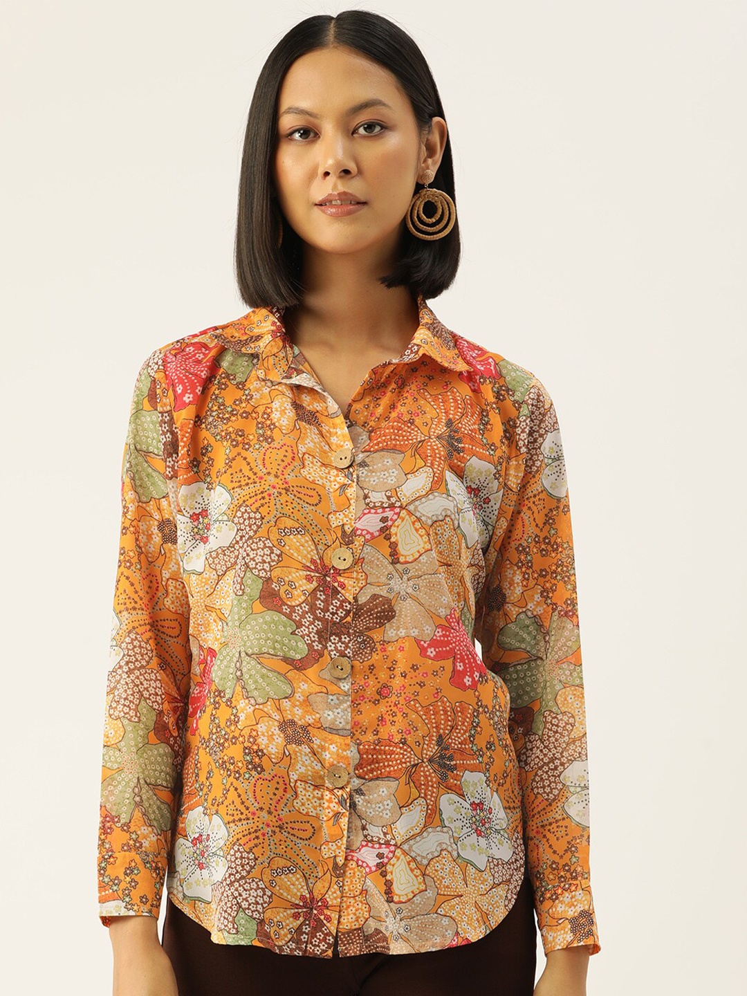 

Sleek Italia Floral Printed Standard Semi Sheer Casual Shirt, Mustard