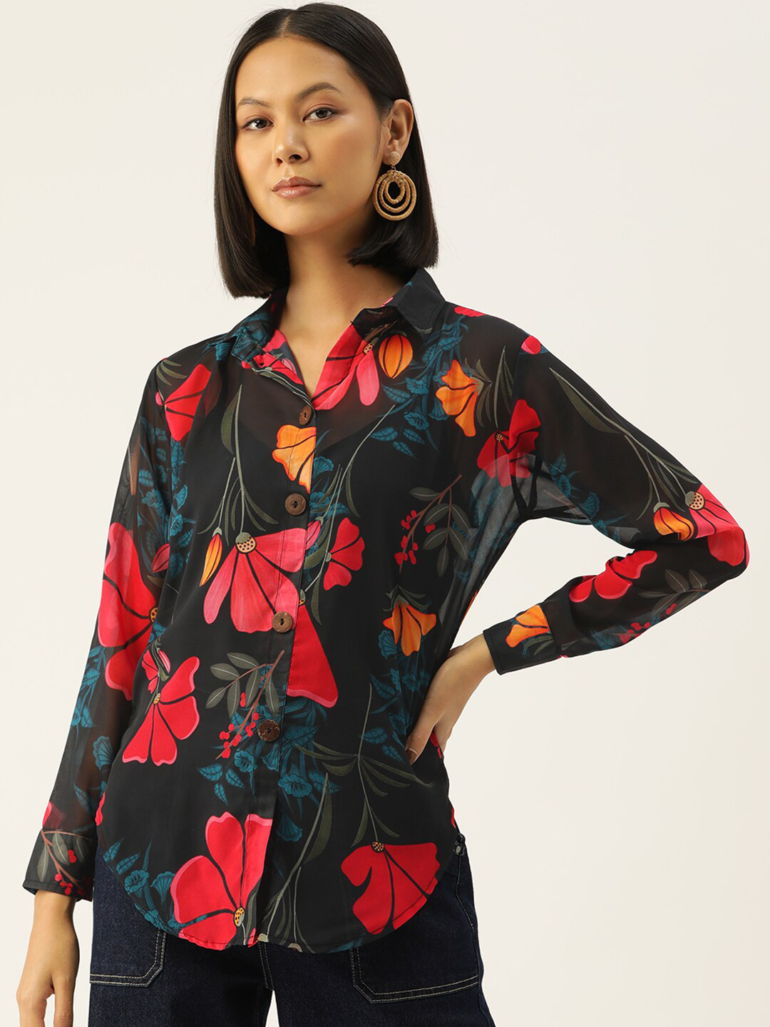 

Sleek Italia Floral Printed Standard Semi Sheer Casual Shirt, Blue