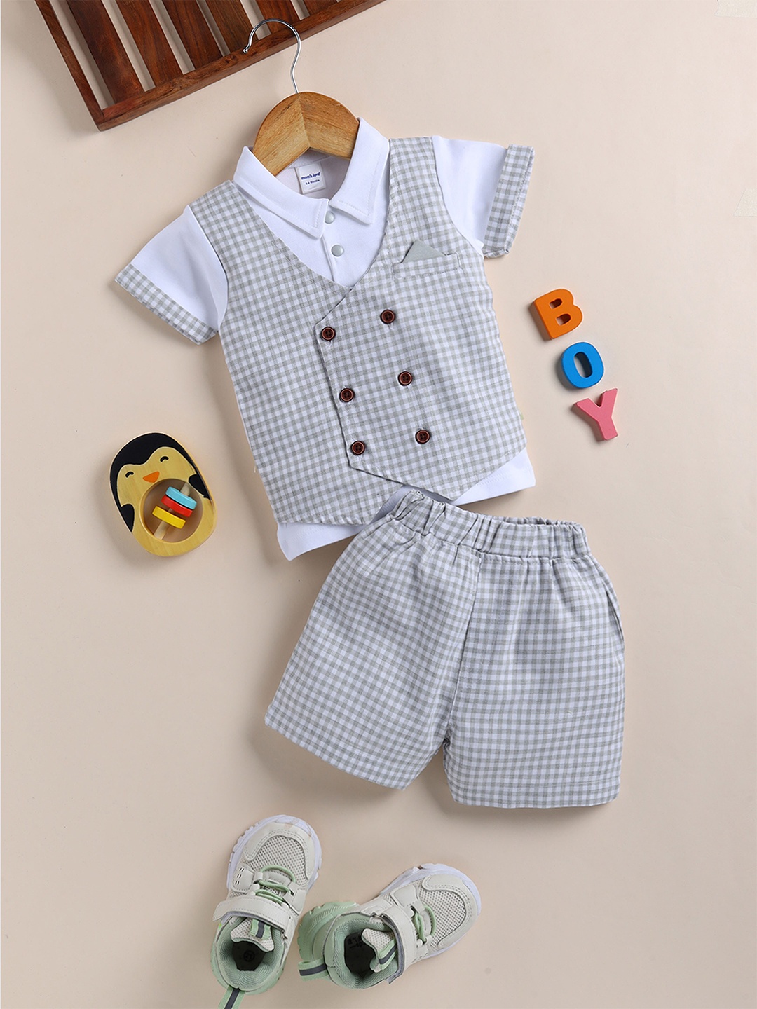

Moms Love Boys Checked Pure Cotton T-shirt with Shorts, Grey