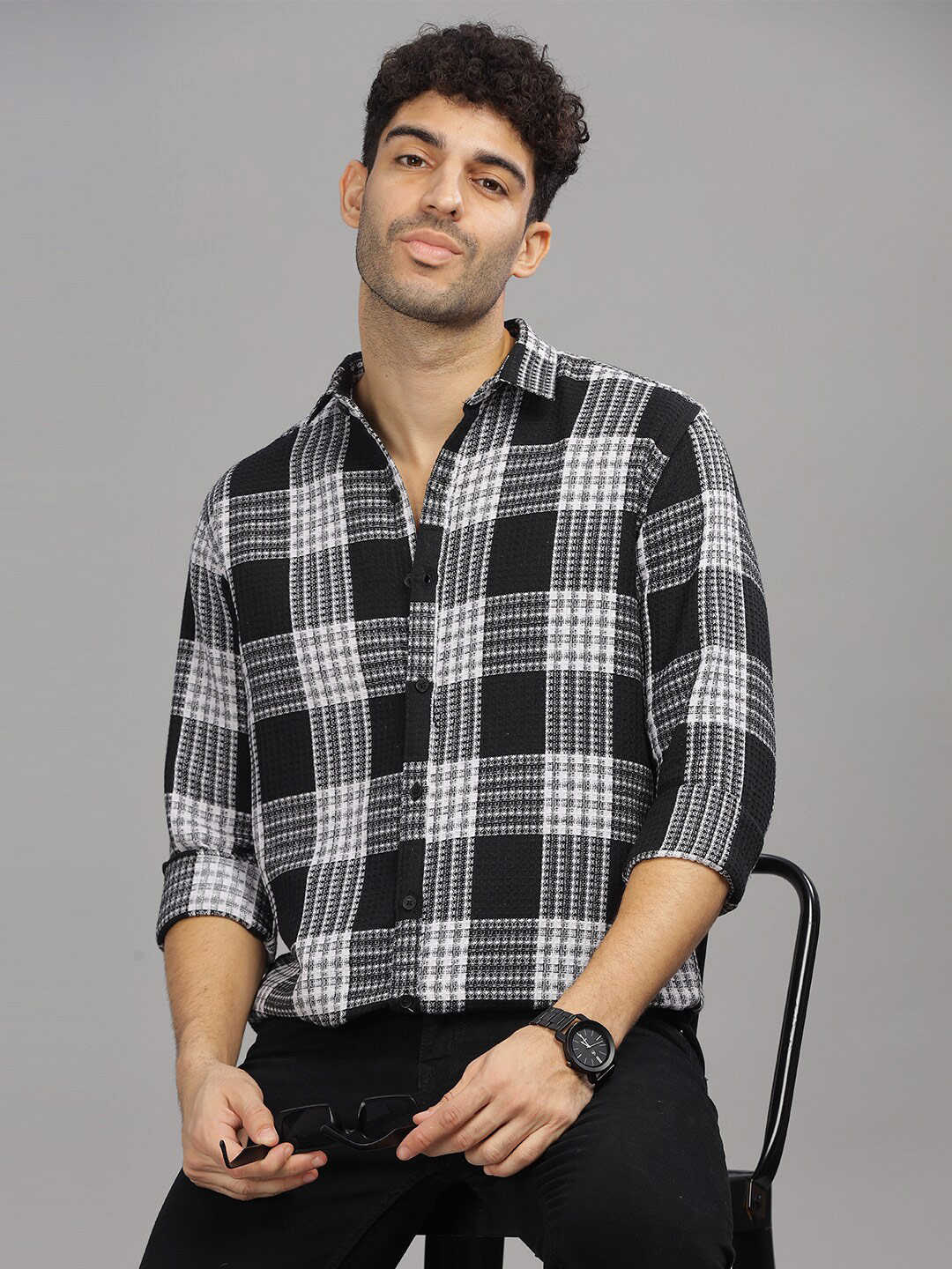 

PAUL STREET Standard Slim Fit Spread Collar Cotton Checked Casual Shirt, Black
