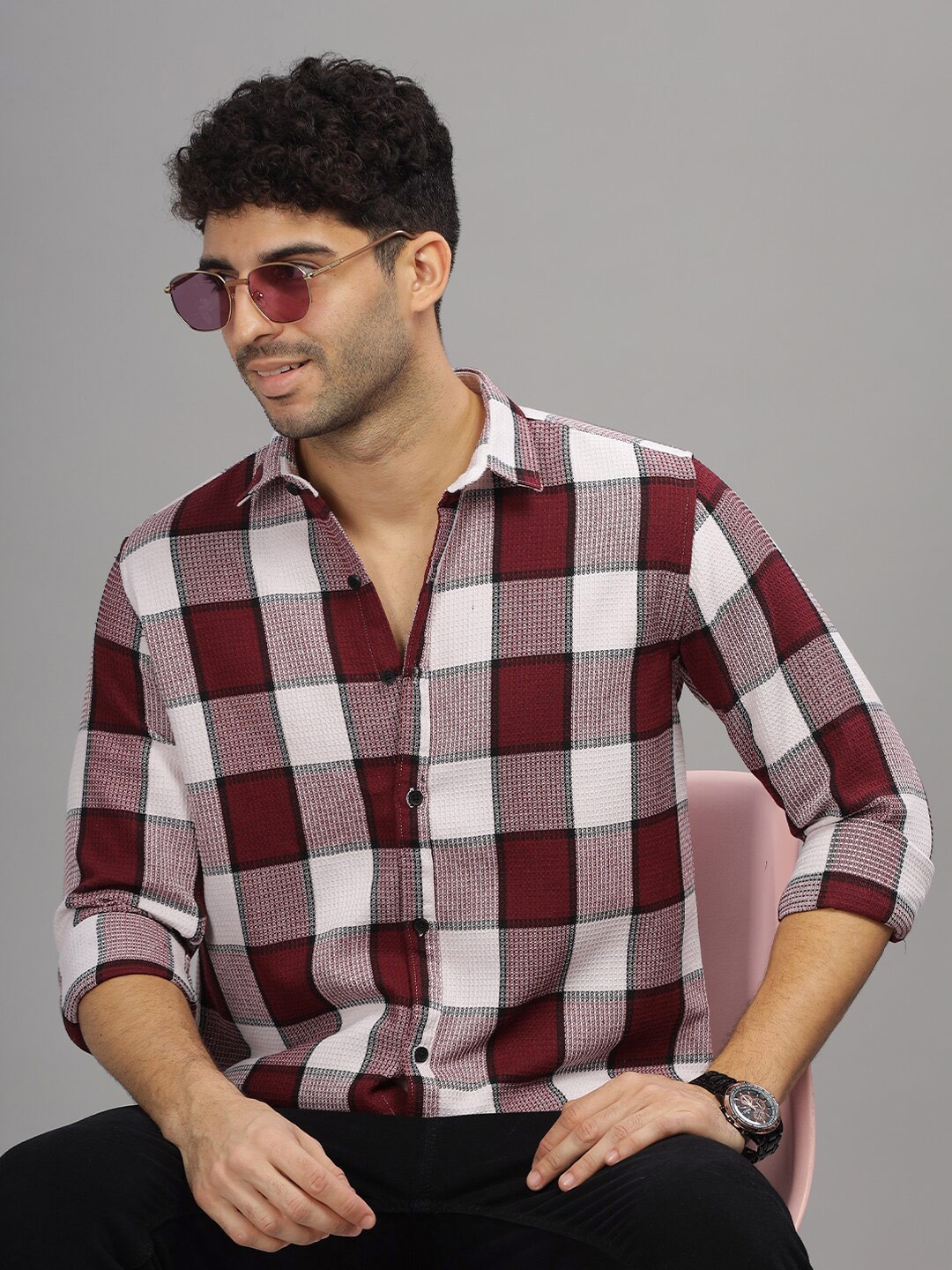 

PAUL STREET Standard Slim Fit Spread Collar Checked Cotton Casual Shirt, Maroon