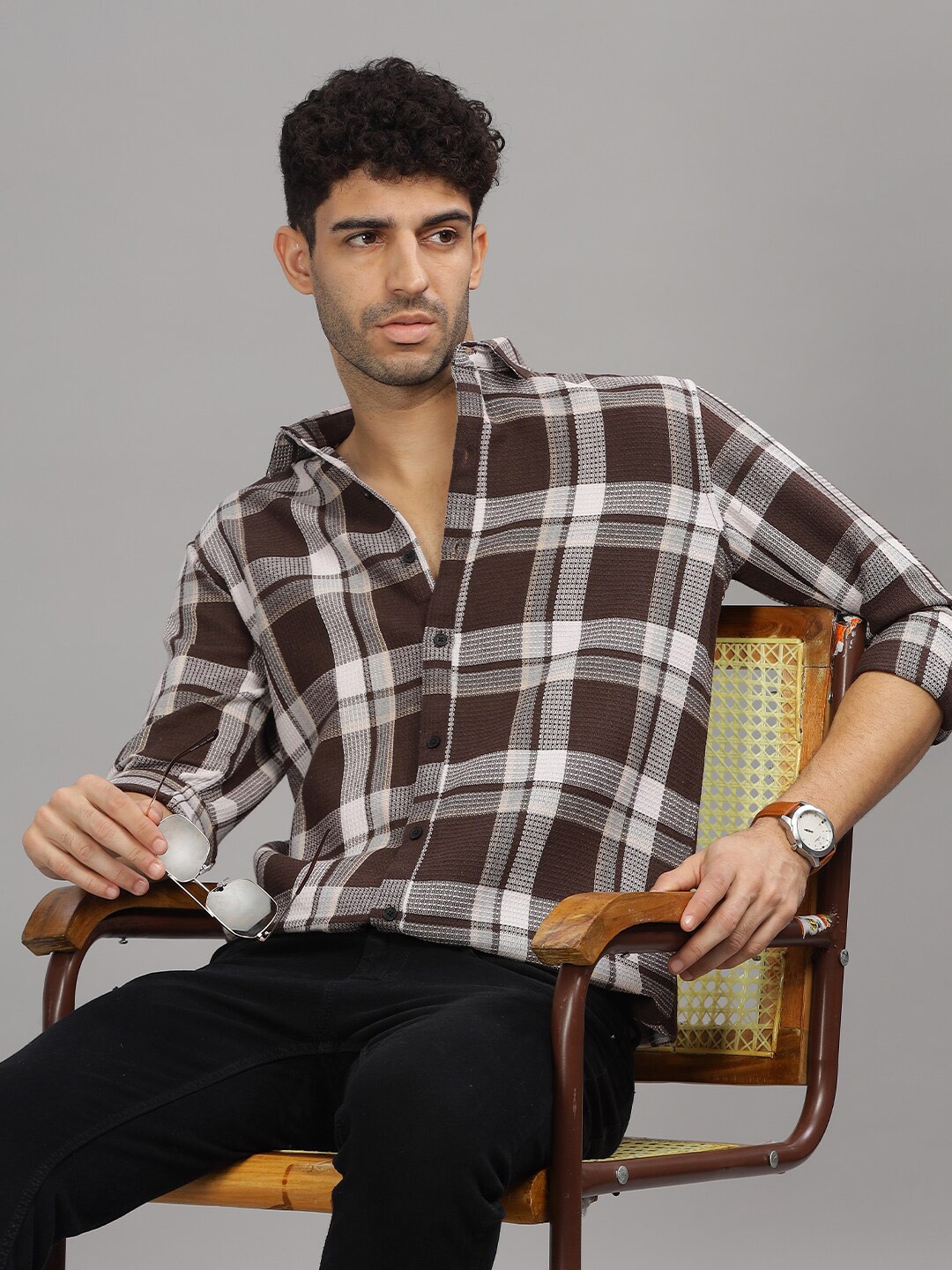 

PAUL STREET Spread Collar Long Sleeves Standard Slim Fit Checked Casual Shirt, Brown