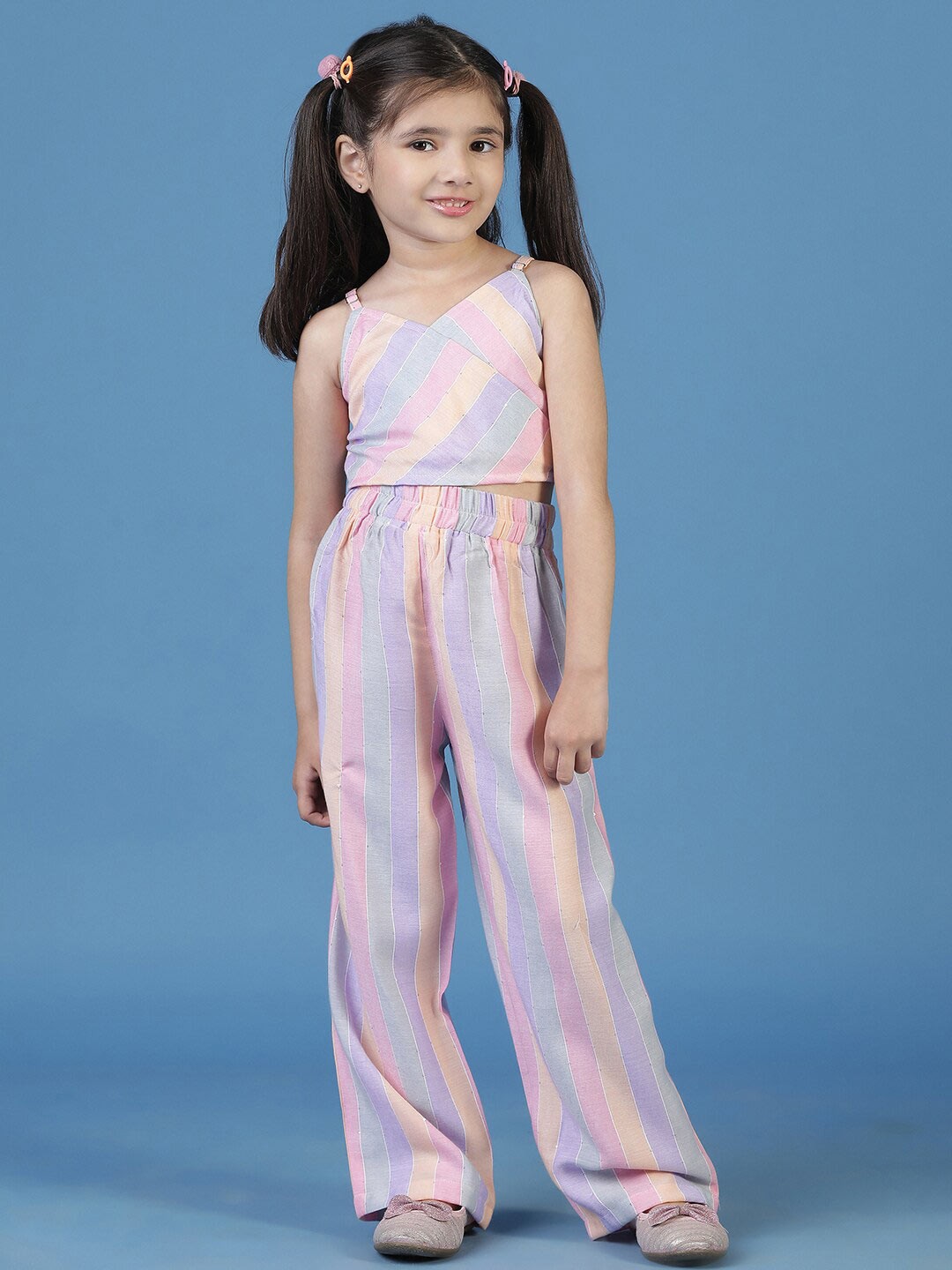 

TALES & STORIES Girls Striped Shoulder Straps Top with Palazzos, Blue