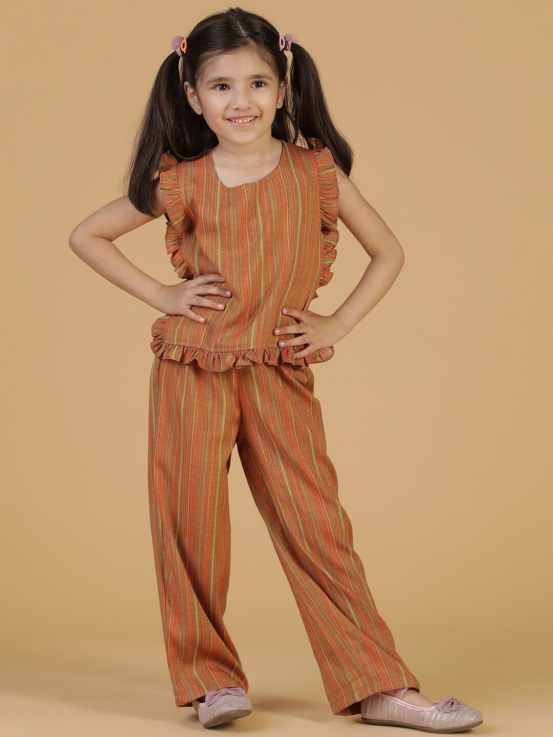 

TALES & STORIES Girls Striped Round Neck Top with Palazzos, Rust