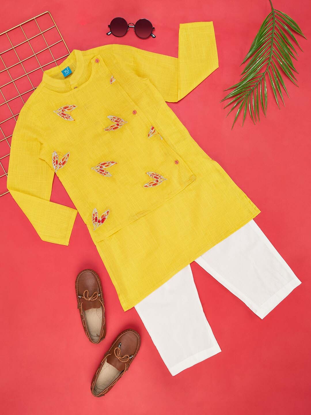 

YU by Pantaloons Boys Embroidered Thread Work Pure Cotton Straight Kurta With Pyjamas, Yellow