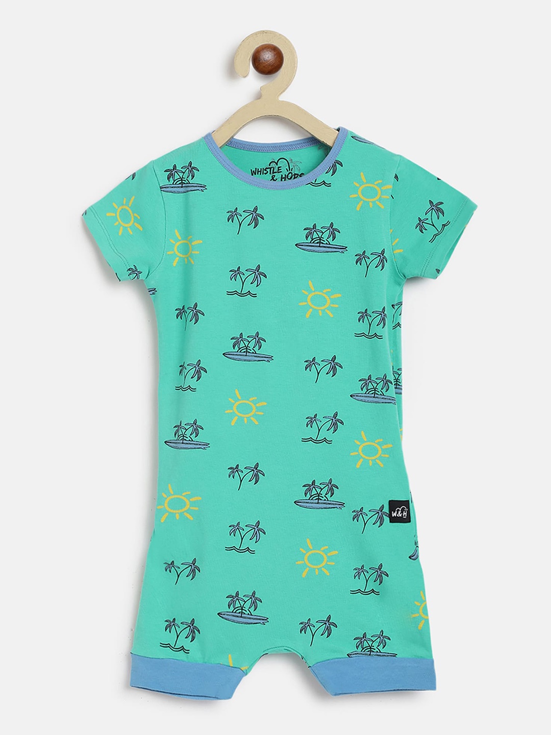 

Whistle & Hops Kids Printed Organic Cotton Half Sleeve Romper, Green
