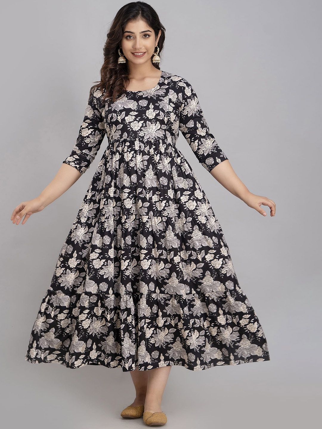 

Charnest Floral Printed Round Neck Maternity A-Line Dress, Black