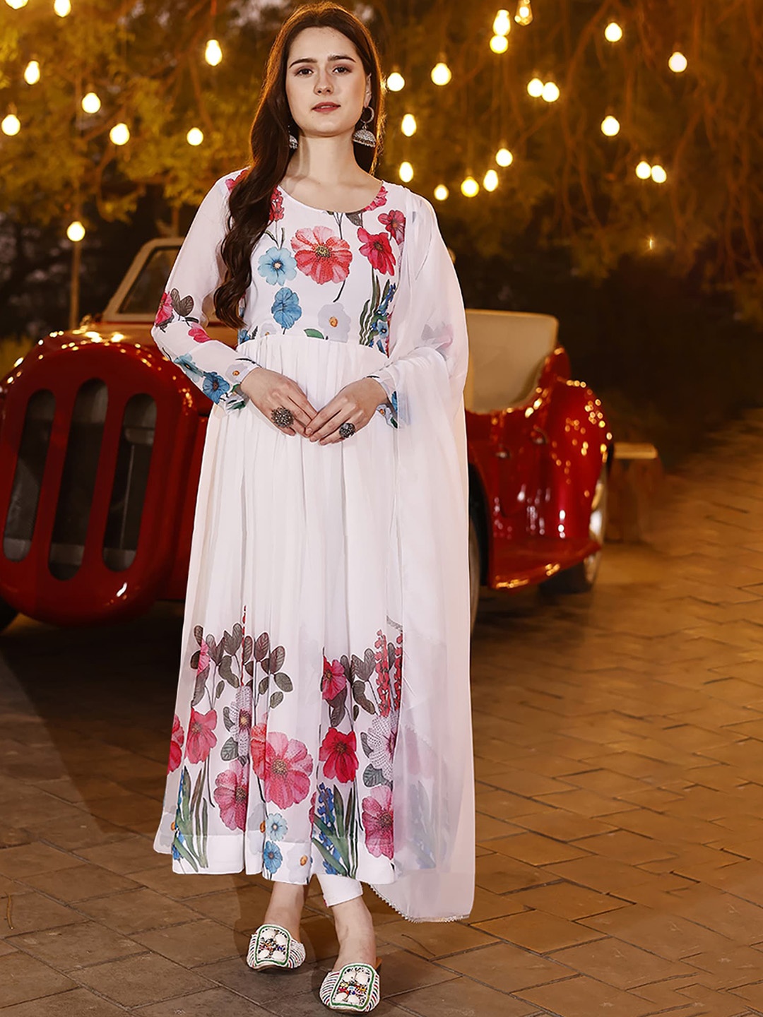 

Kedar Fab Floral Printed Georgette Anarkali Kurta & Dupatta, White