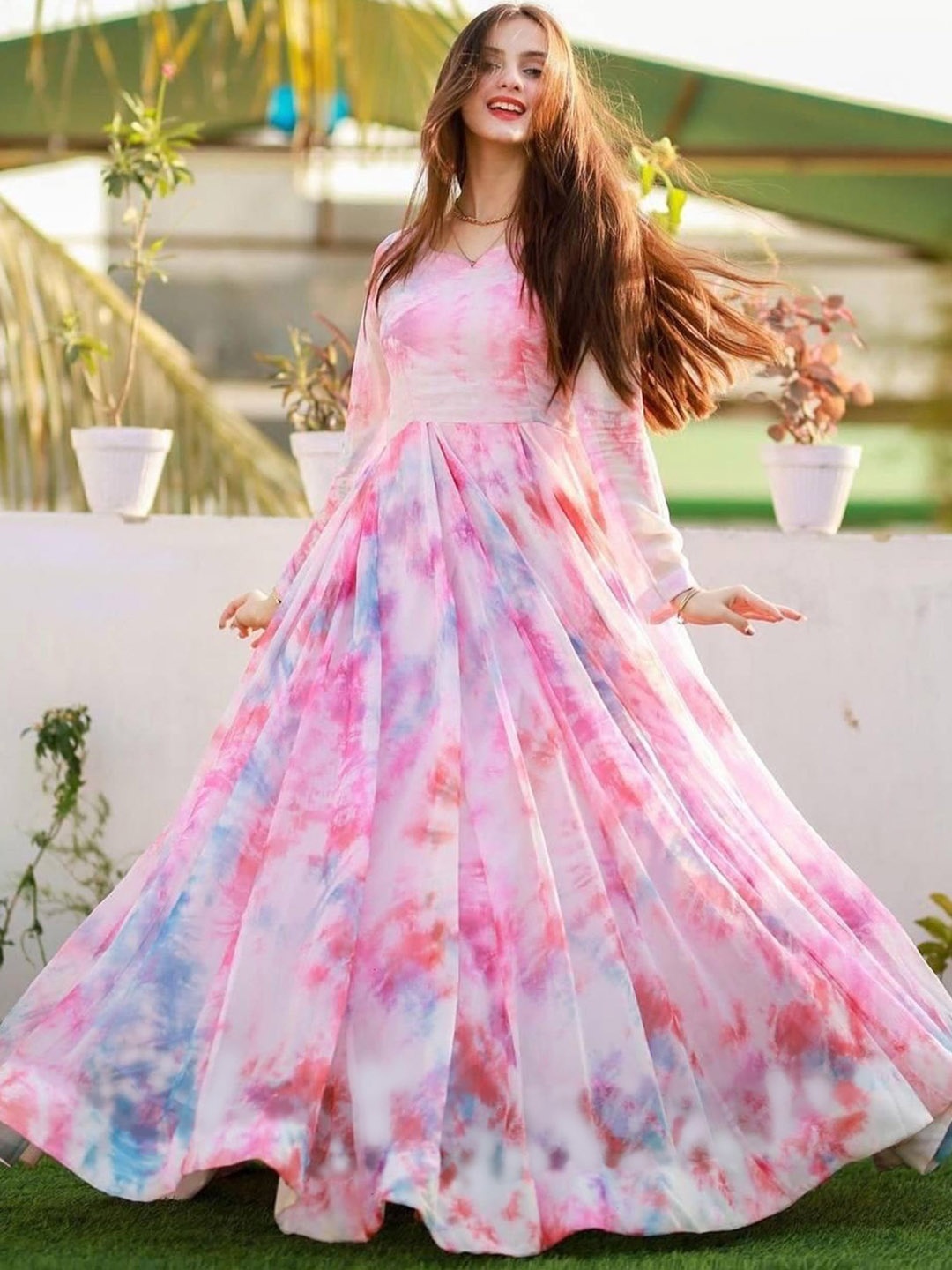

Kedar Fab Abstract Printed Long Sleeves Pleated Georgette Anarkali Kurta, Pink