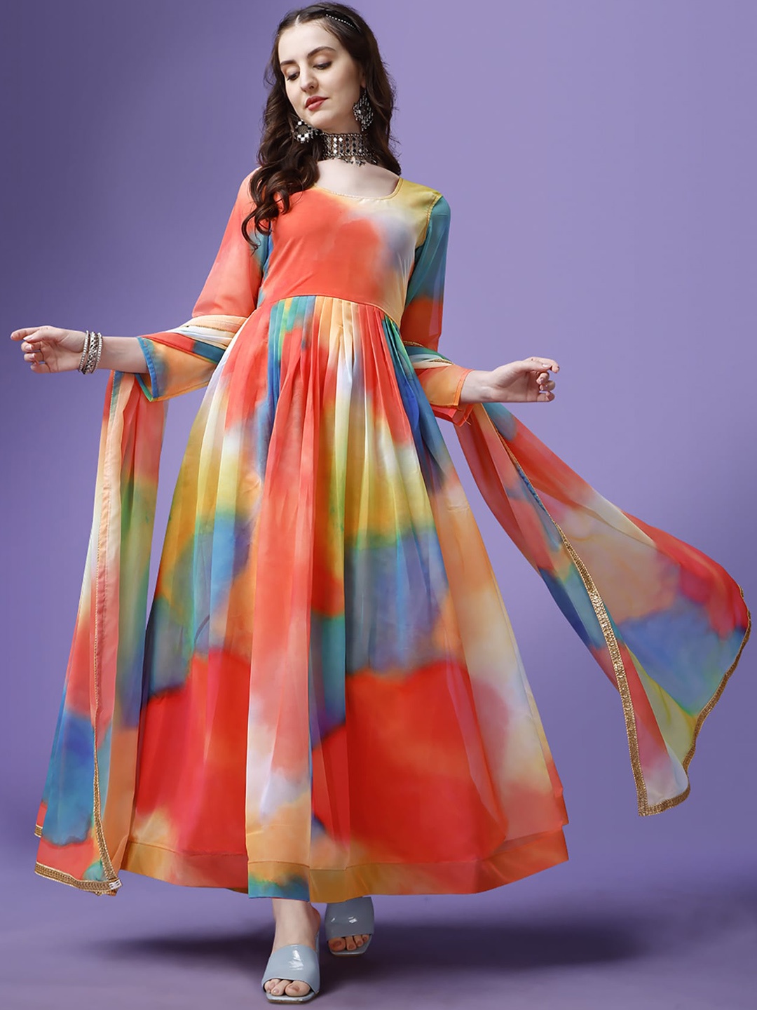 

Kedar Fab Dyed Georgette Anarkali Kurta & Dupatta, Multi