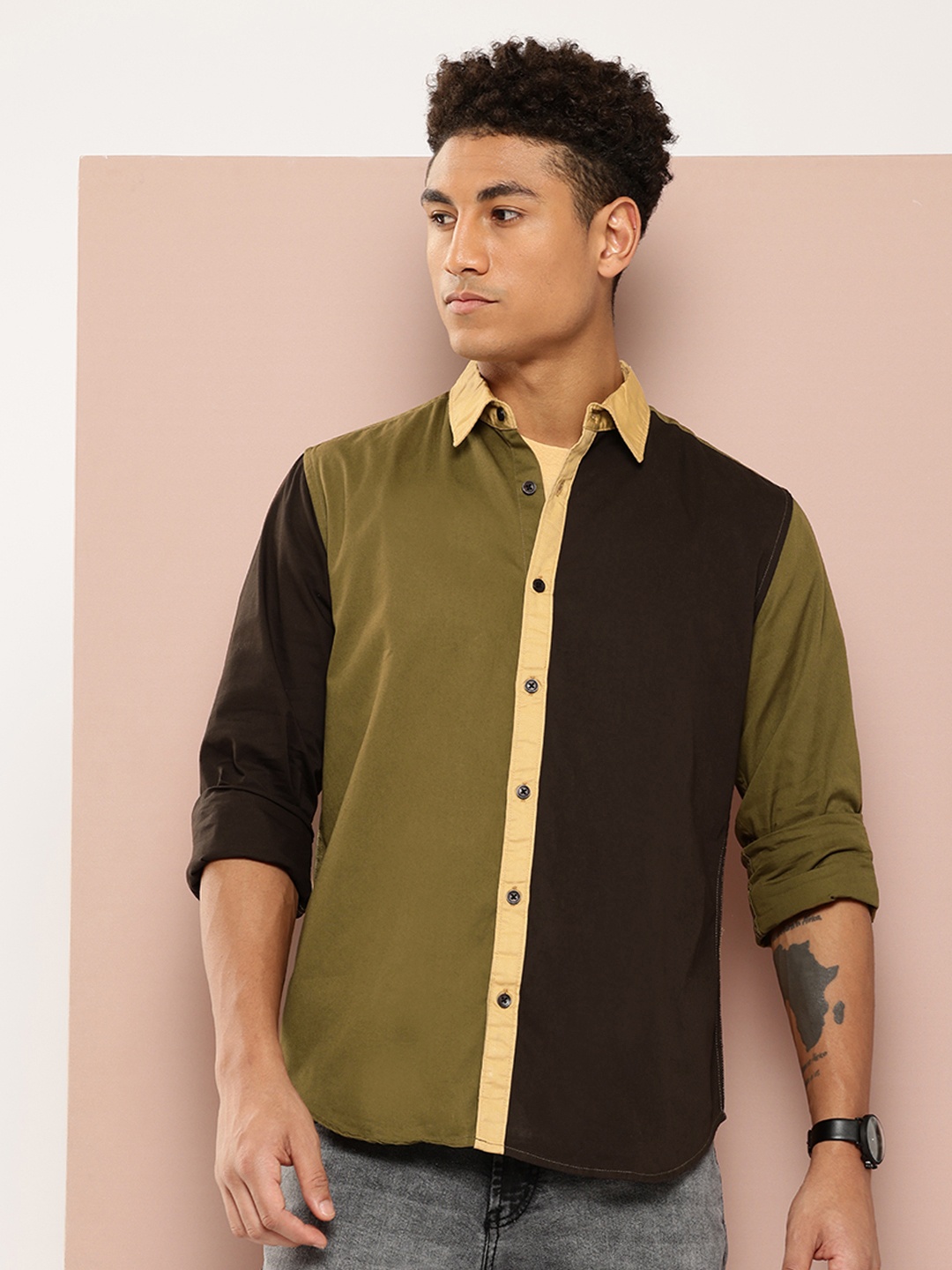 

Harvard Men Colorblocked Pure Cotton Shirt, Olive