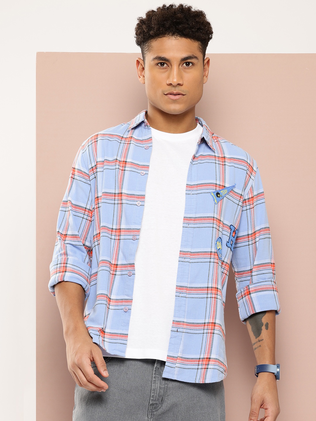 

Harvard Tartan Checked Applique Detail Cotton Casual Shirt, Blue