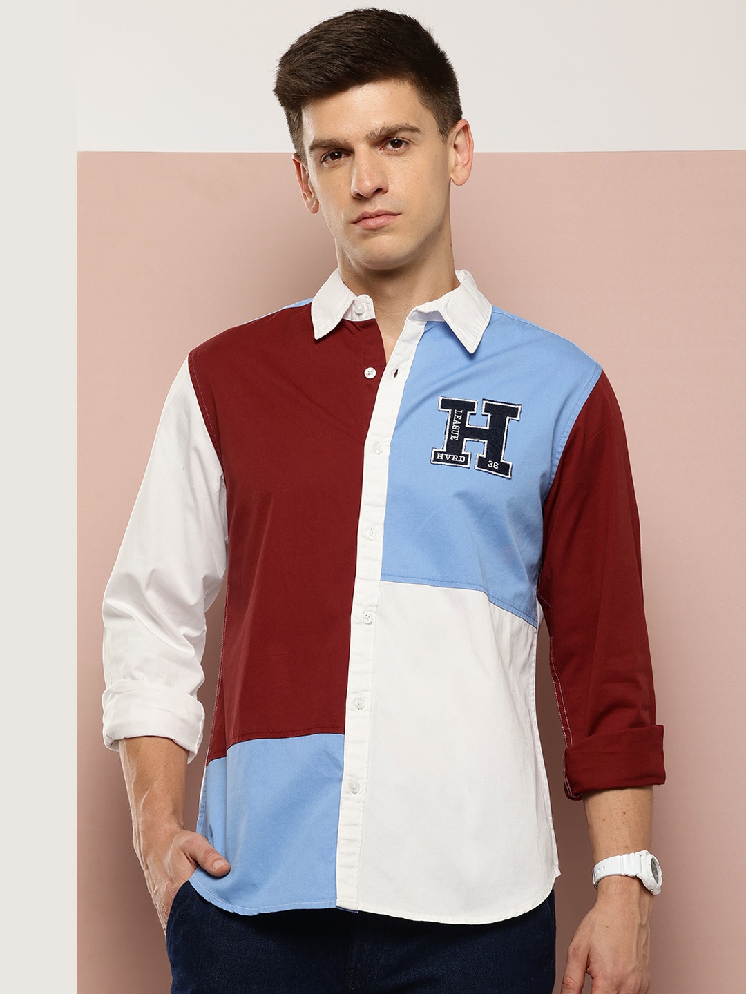 

Harvard Colourblocked Pure Cotton Casual Shirt, Red