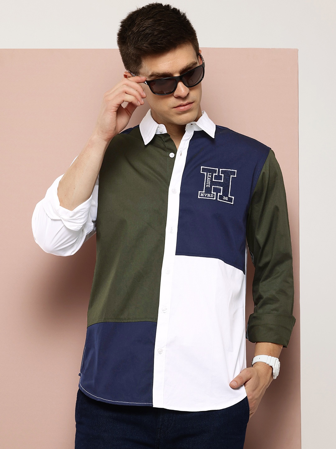 

Harvard Colourblocked Pure Cotton Casual Shirt, Green