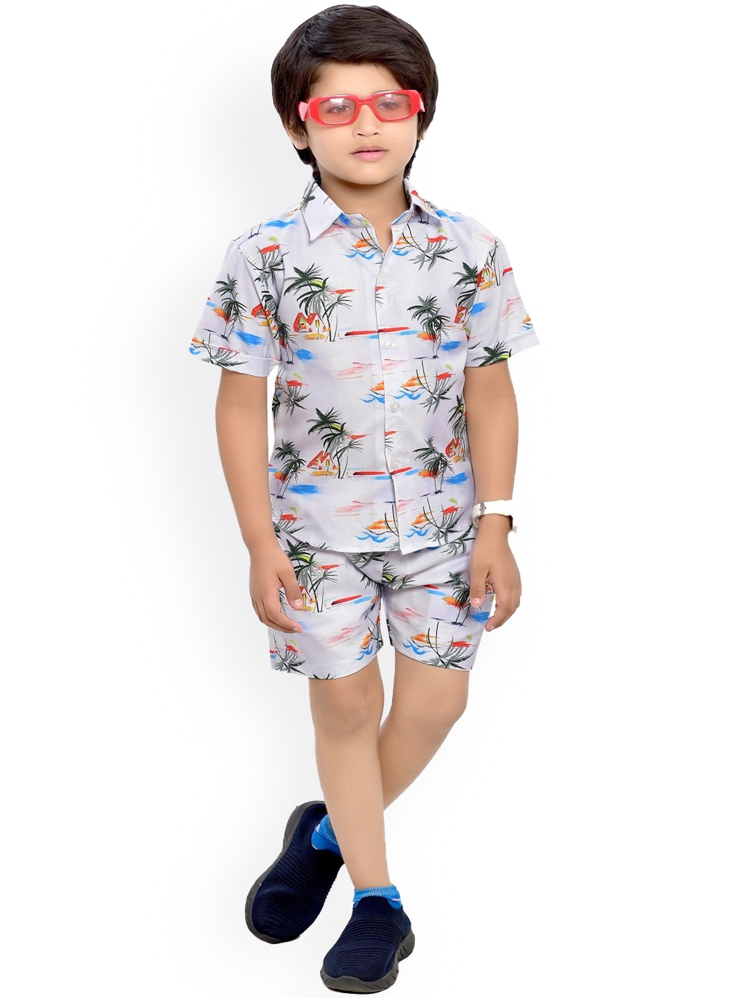 

BAESD Boys Printed Pure Cotton Shirt & Shorts, White