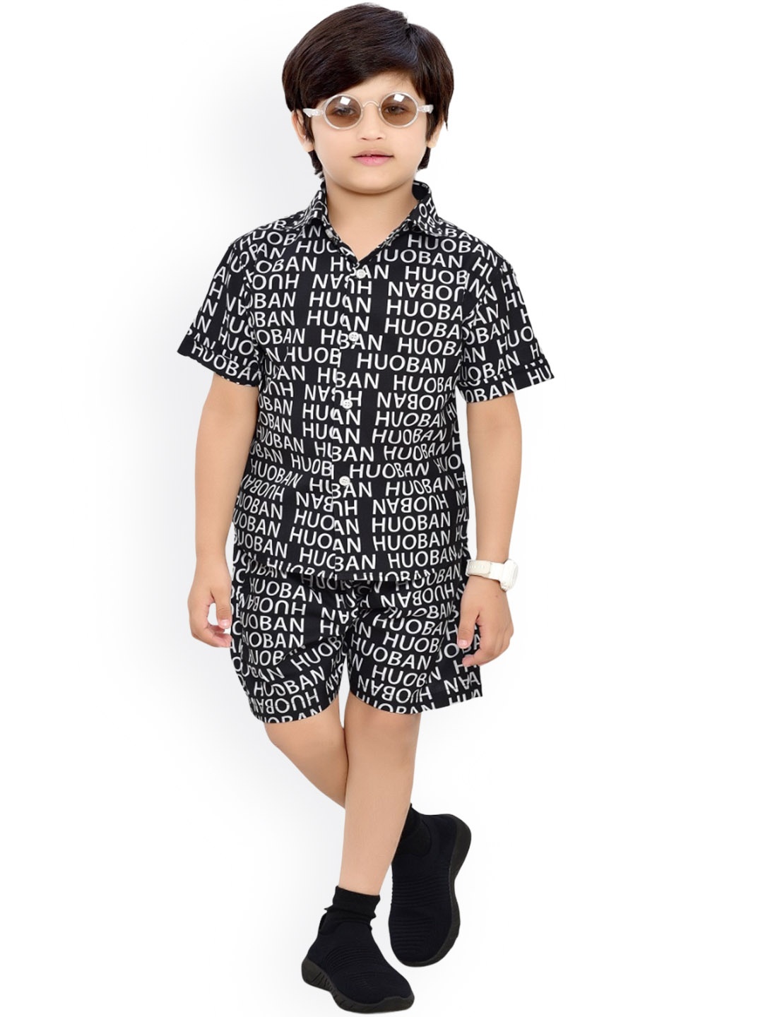 

BAESD Boys Printed Shirt With Short, Black