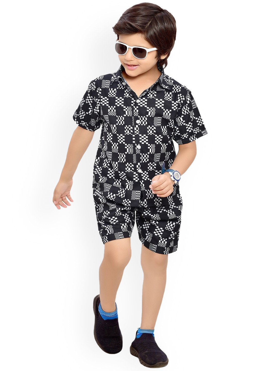

BAESD Boys Checked Shirt Collar Pure Cotton Shirt with Short, Black
