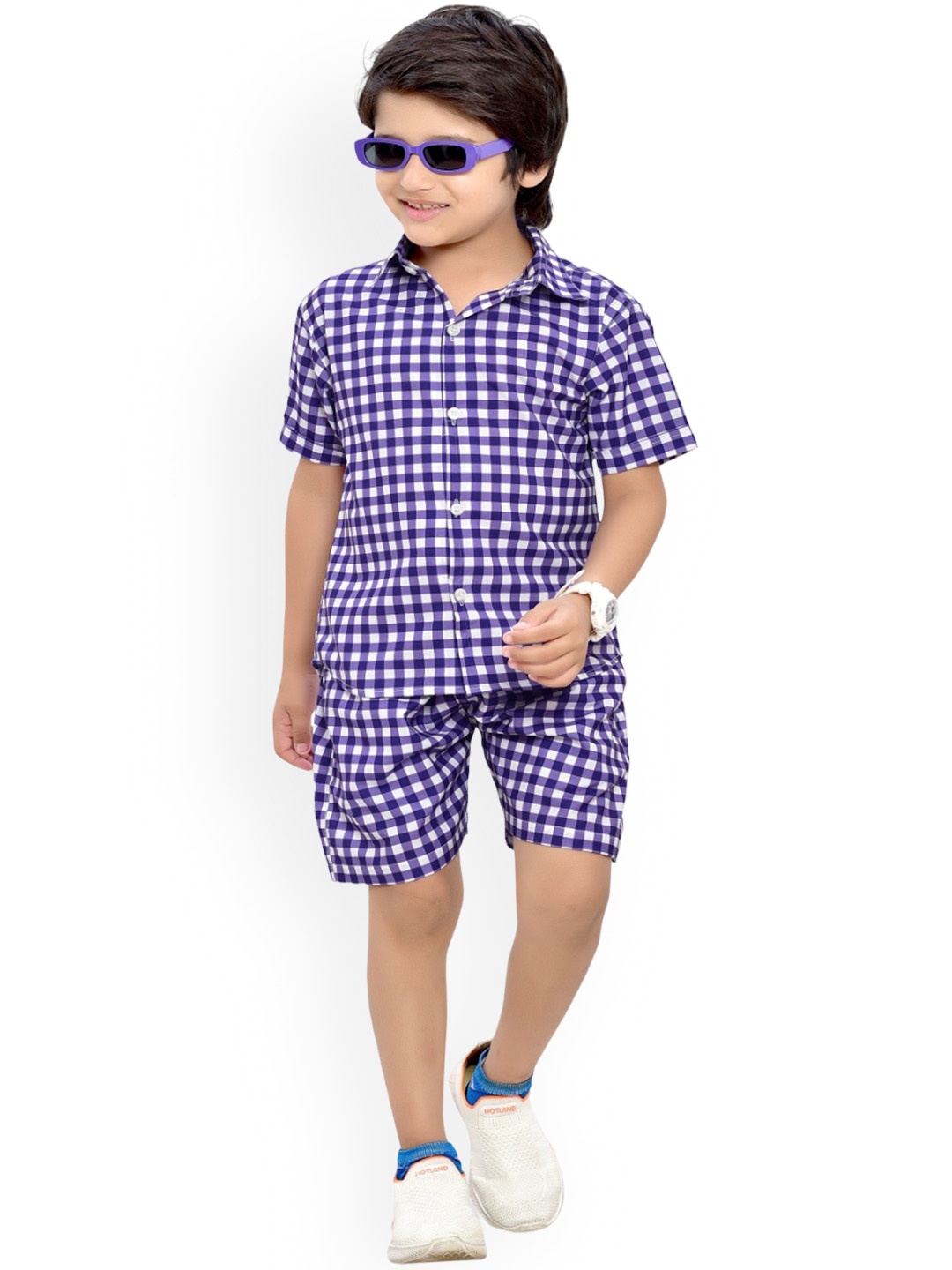 

BAESD Boys Checked Shirt Collar Pure Cotton Shirt with Short, Blue
