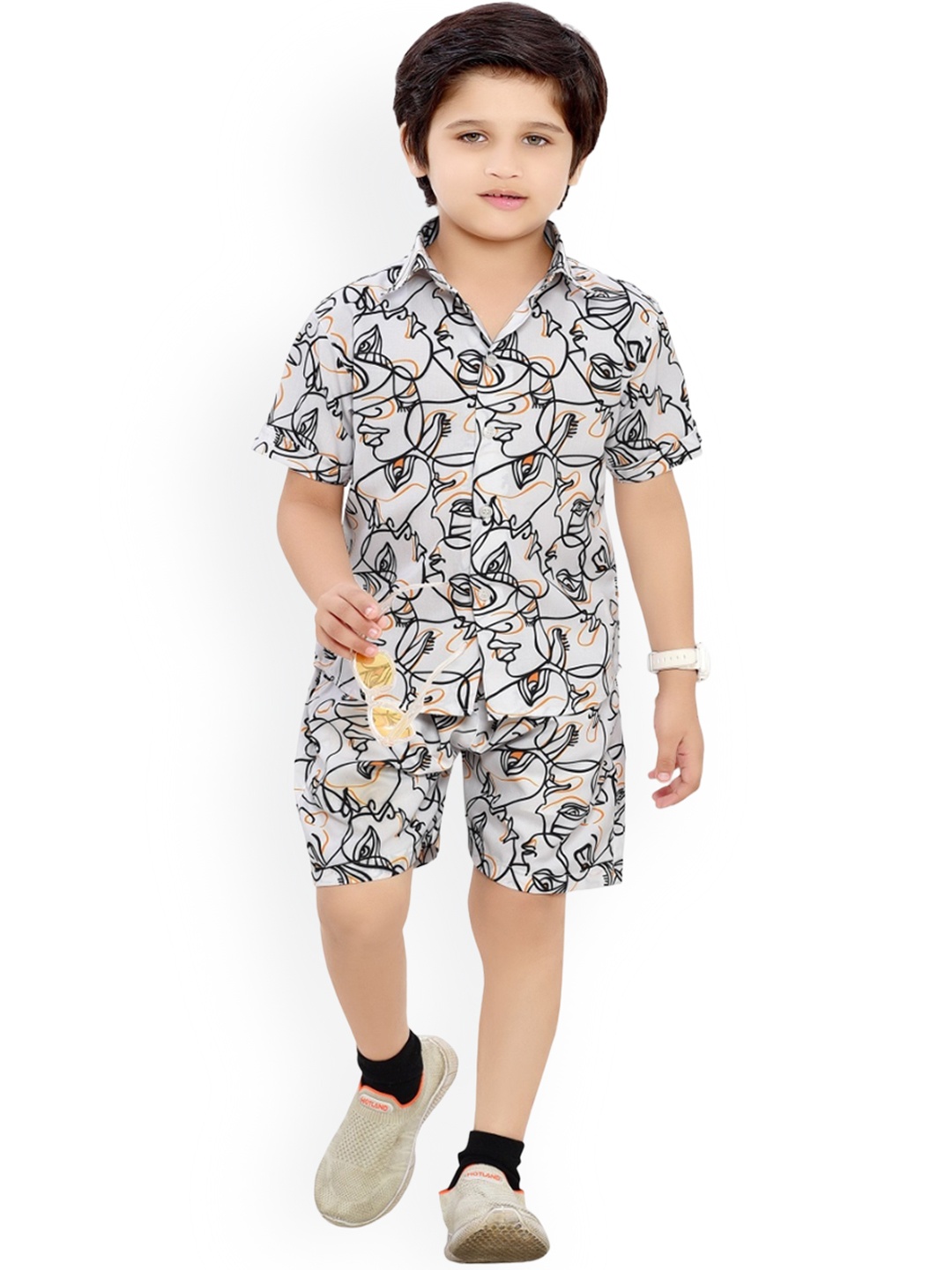 

BAESD Boys Printed Shirt Collar Pure Cotton Shirt With Short, White