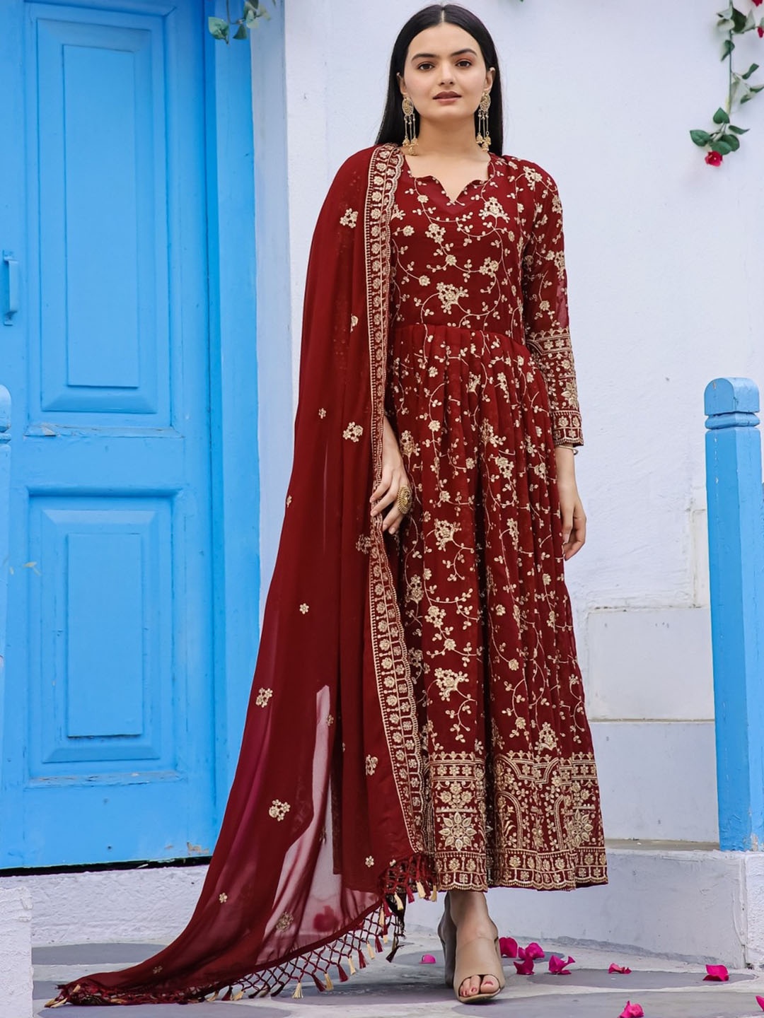 

Goti's Floral Embroidered Gathered Fit and Flare Ethnic Dress With Dupatta, Maroon