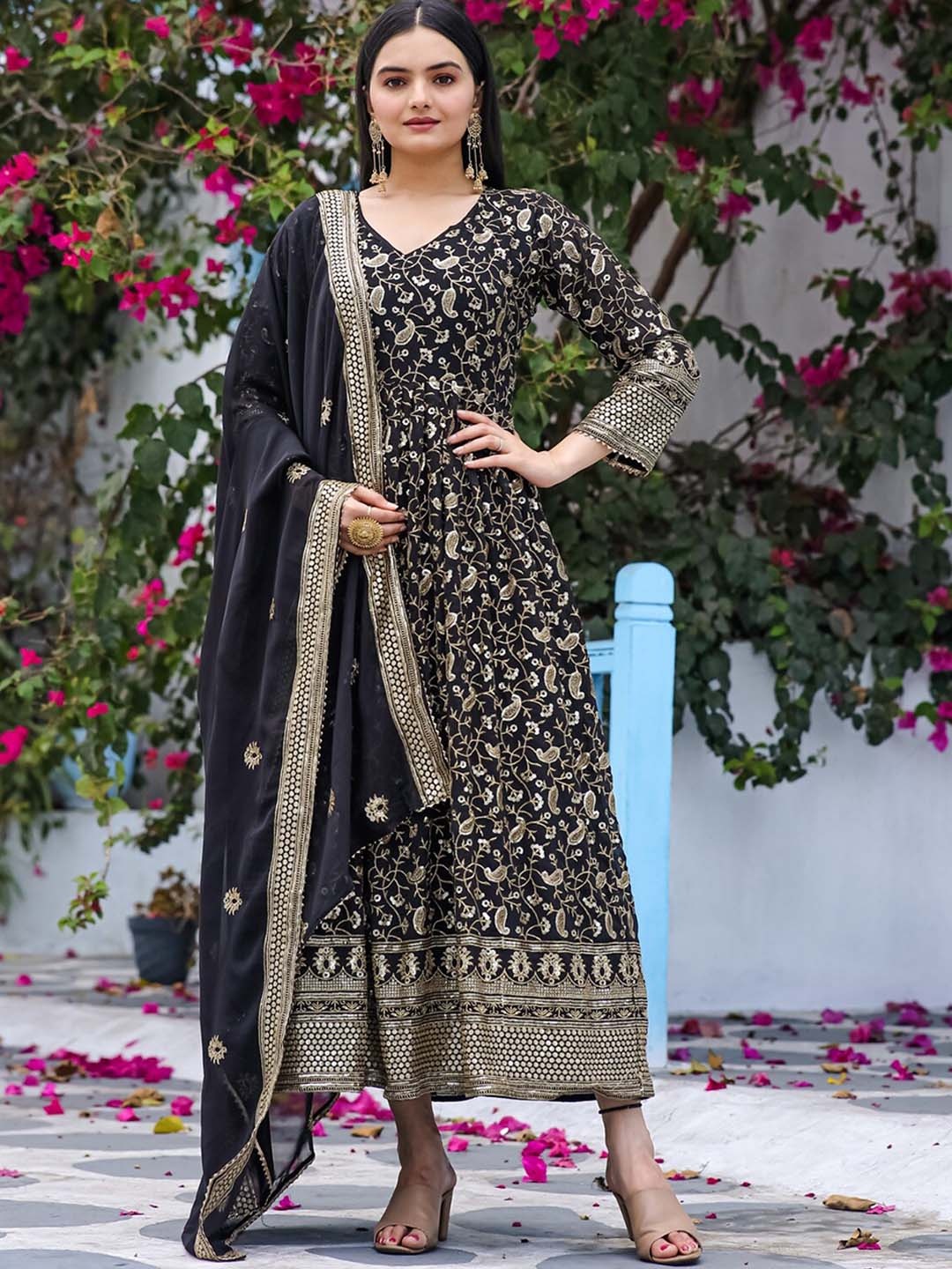 

Goti's Paisley Embroidered Gathered Fit and Flare Ethnic Dress With Dupatta, Black