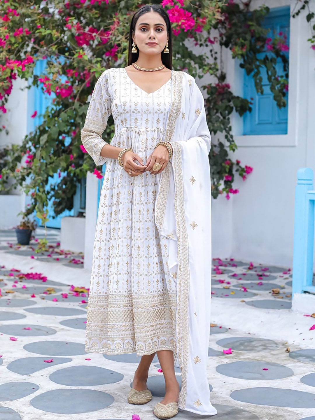 

Goti's Ethnic Motifs Embroidered Gathered Georgette Fit & Flare Ethnic Dress With Dupatta, White