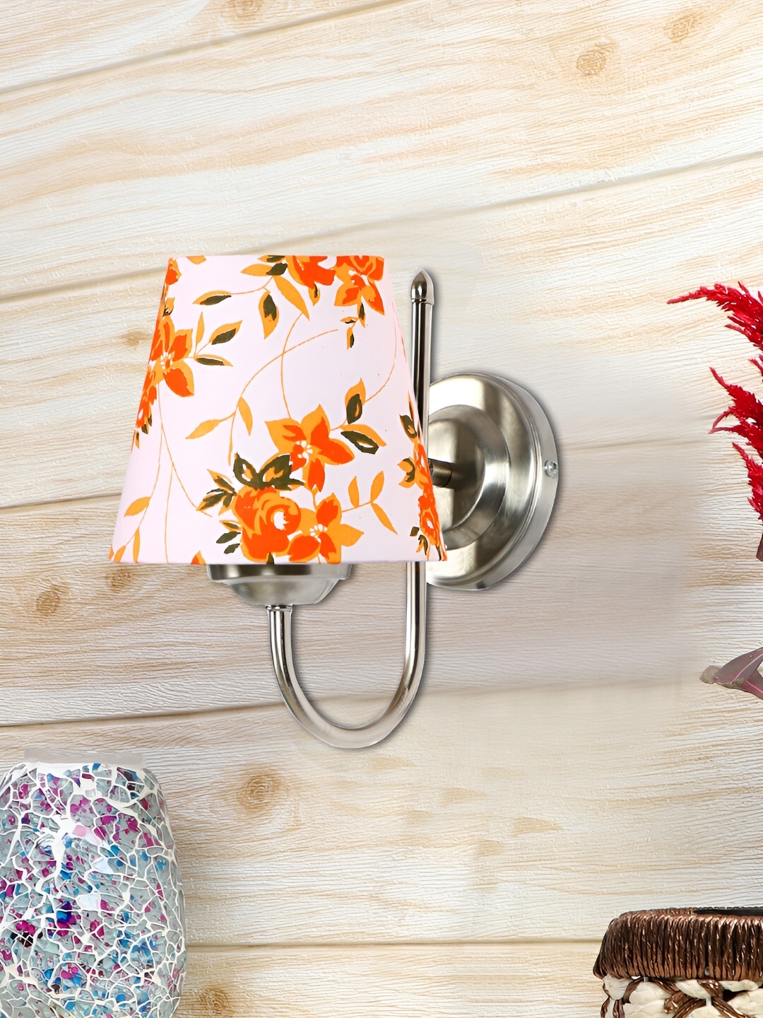 Devansh White & Orange Printed Metal Traditional Frustum Shaped Wall Lamp