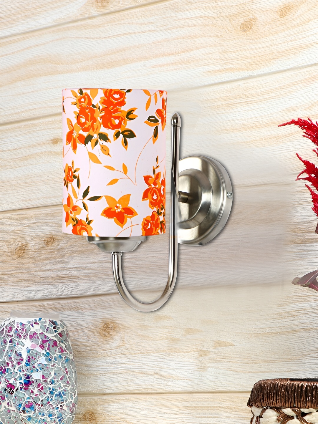 

Devansh White & Orange Printed Metal Traditional Cylinder Shaped Wall Lamp