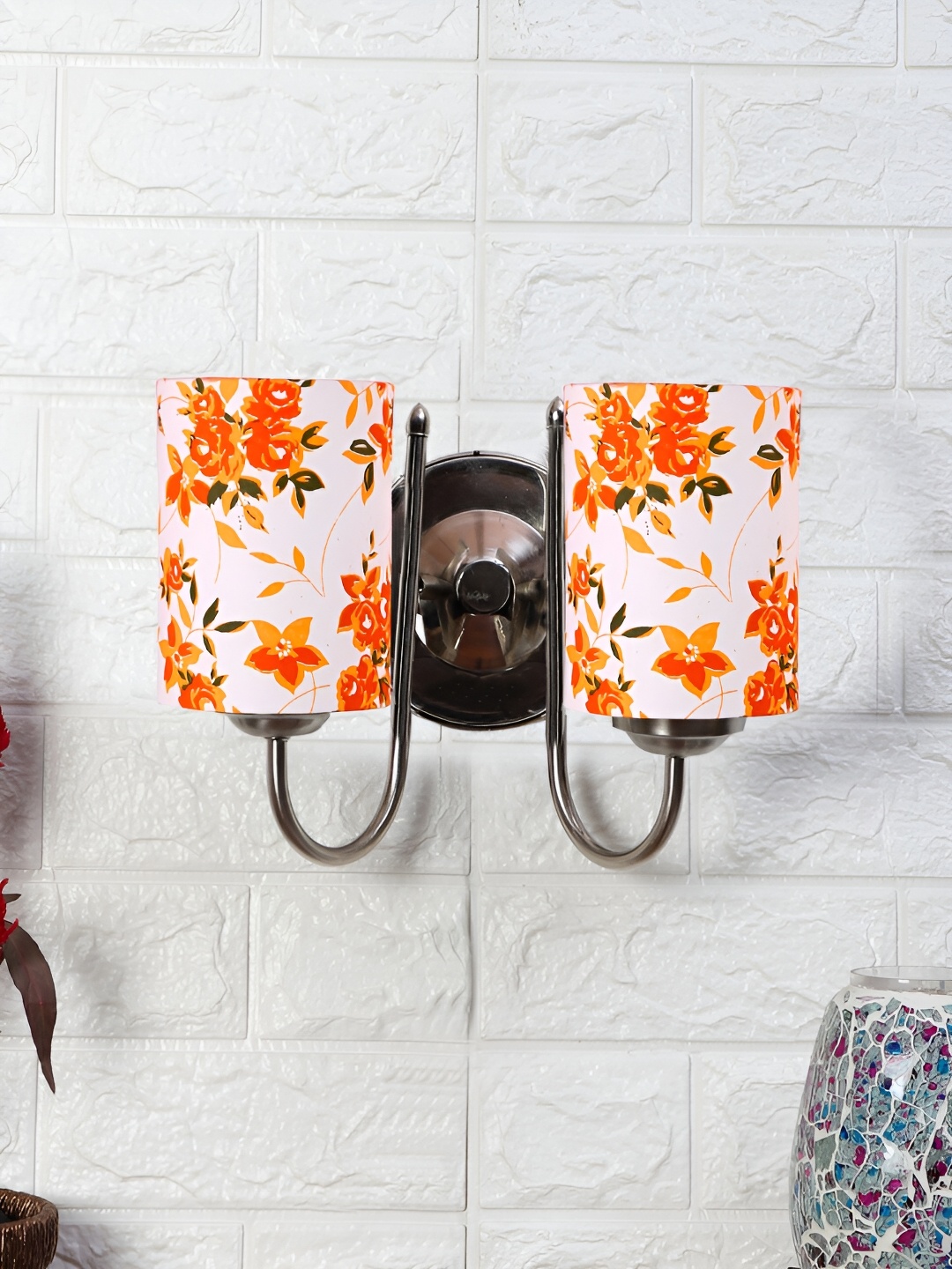 

Devansh White & Orange Printed Metal Traditional Cylinder Shaped Wall Lamp
