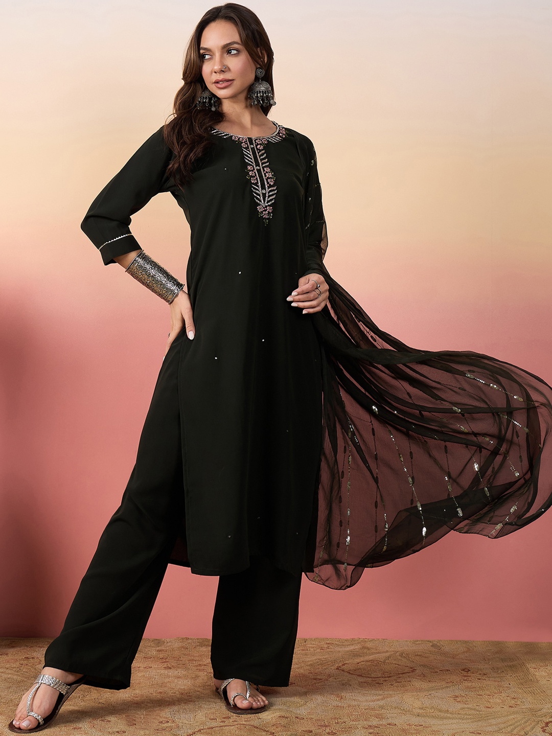 

Ariya Prints Floral Embroidered Thread Work Pure Silk Kurta with Palazzos & Dupatta, Green