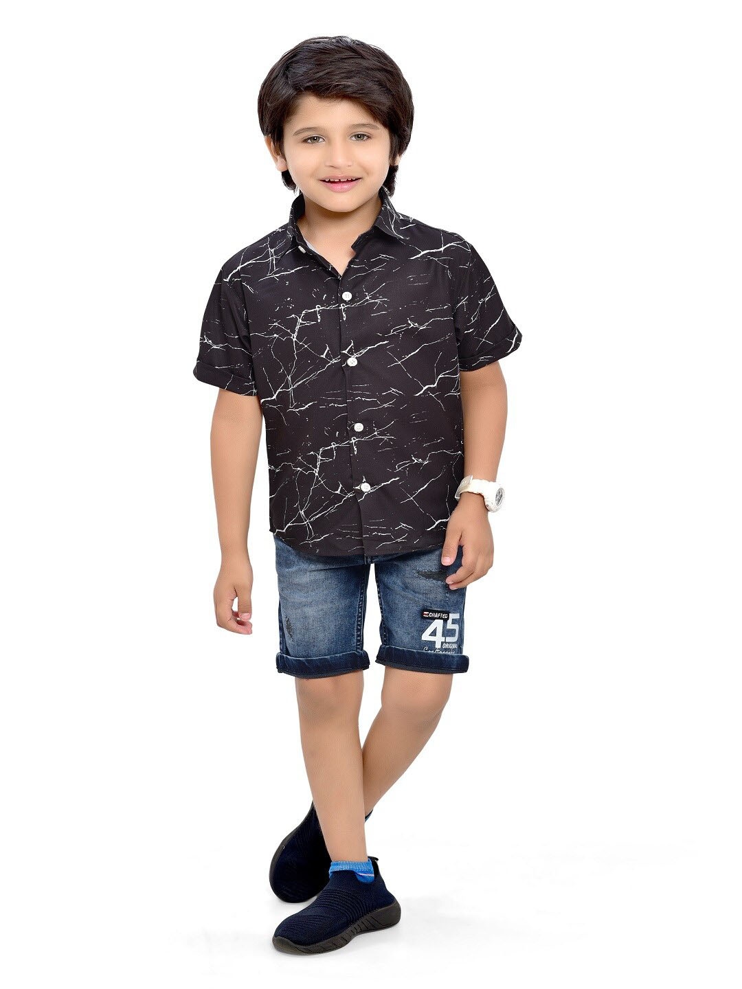 

BAESD Boys Comfort Abstract Printed Spread Collar Short Sleeves Casual Shirt, Black