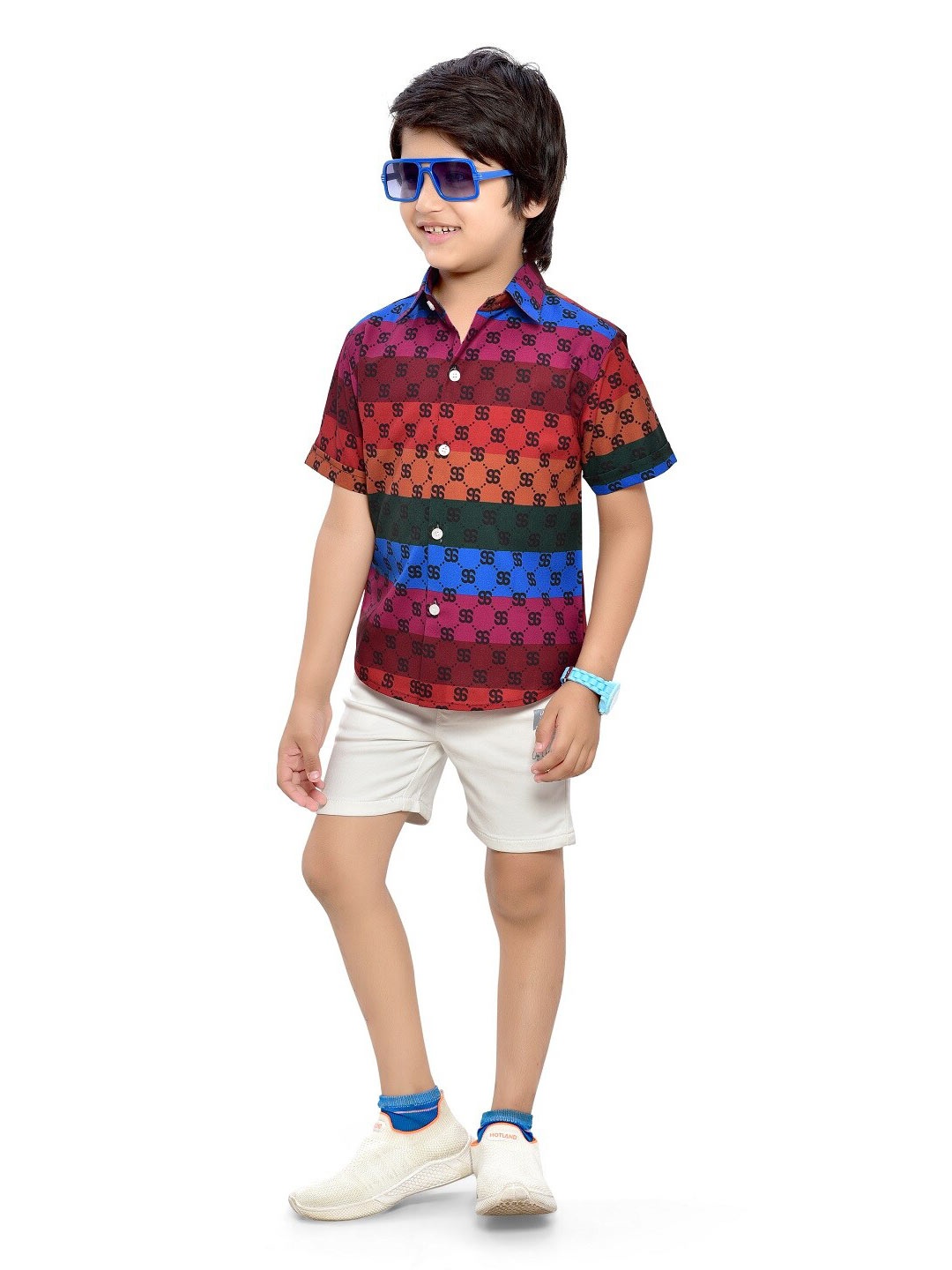 

BAESD Boys Comfort Geometric Printed Spread Collar Short Sleeves Cotton Casual Shirt, Multi