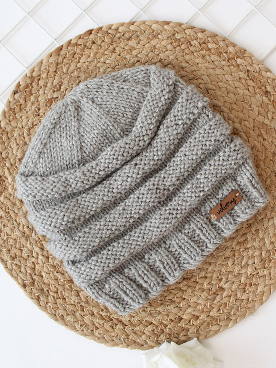 

Velvery Women Acrylic Self Design Beanie, Grey