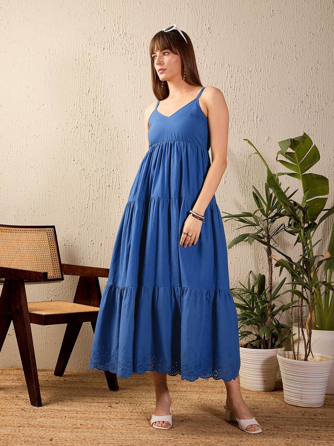 

SASSAFRAS Pure Cotton Shoulder Straps Schiffli Tiered Fit & Flare Midi Dress, Blue