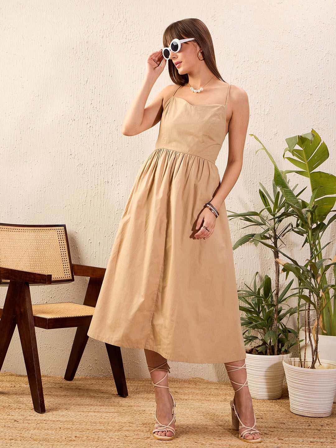 

SASSAFRAS Beige Shoulder Straps Pure Cotton A-Line Midi Dress