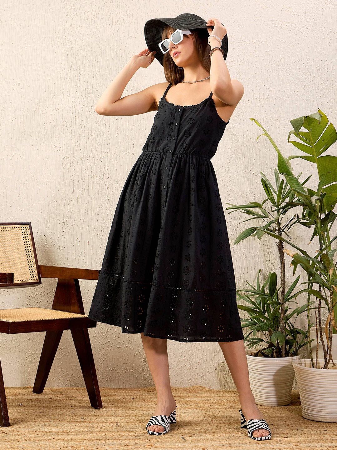 

SASSAFRAS Black Self Design Pure Cotton Schiffli Fit & Flare Midi Dress