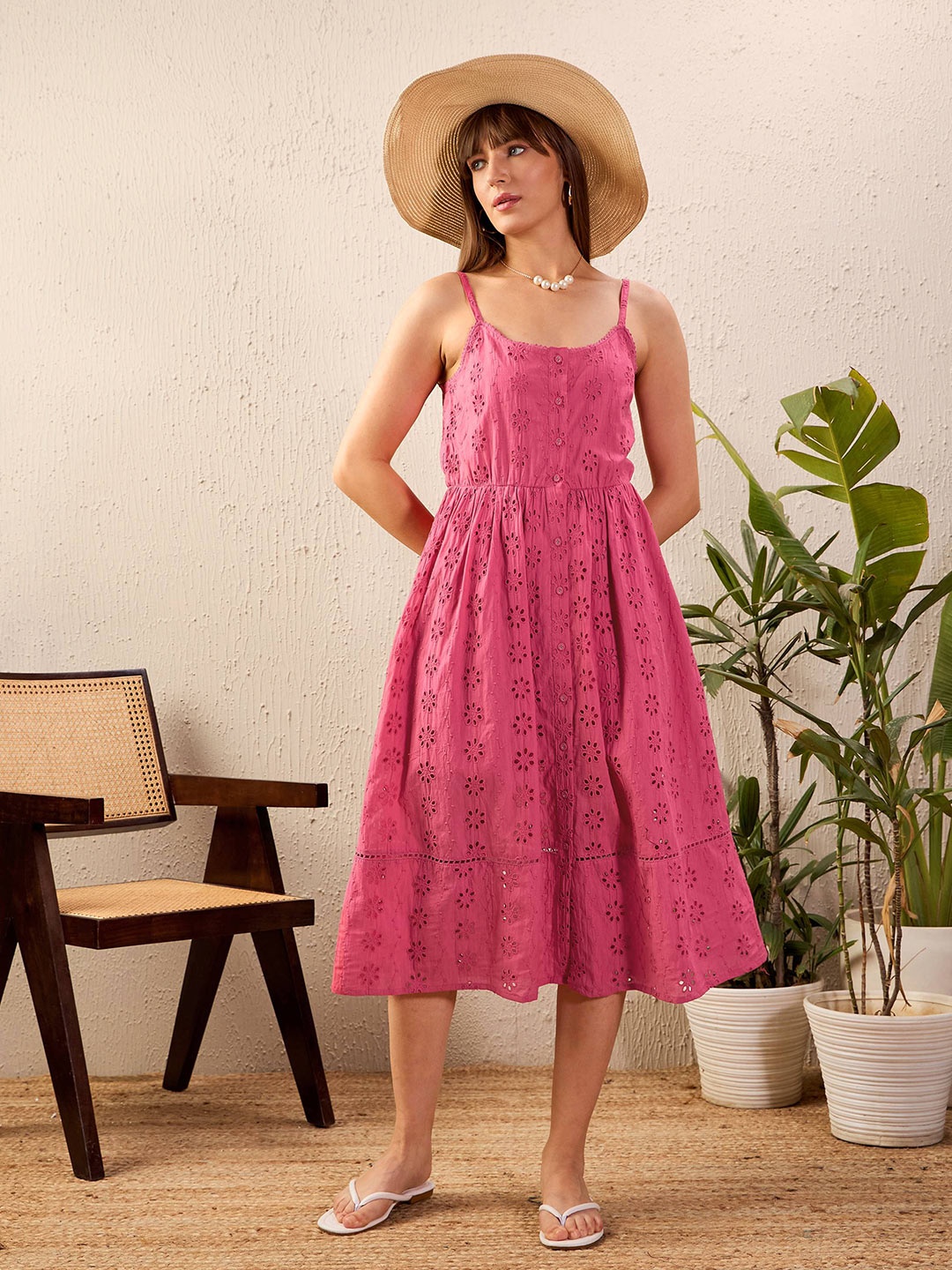 

SASSAFRAS Pink Self Design Pure Cotton Fit & Flare Midi Dress