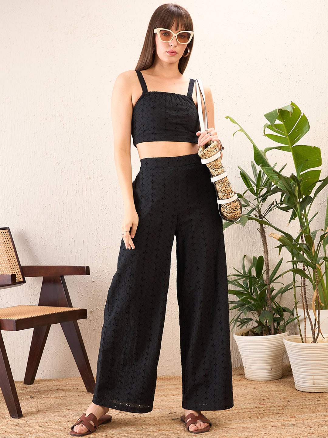 

SASSAFRAS Black Self Design Shoulder Straps Schiffli Pure Cotton Crop Top With Trousers