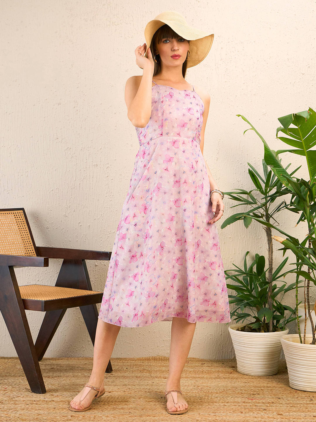 

SASSAFRAS Pink Floral Printed Georgette A-Line Midi Dress