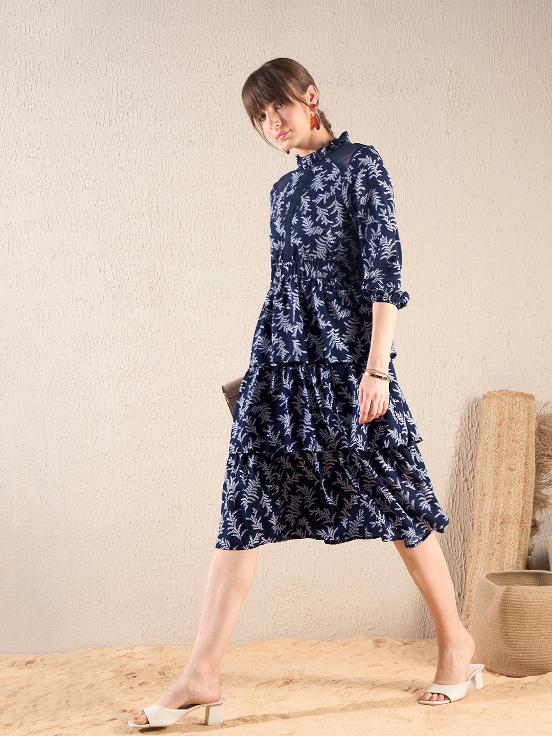 

SASSAFRAS Blue Floral Printed Tiered A-Line Midi Dress