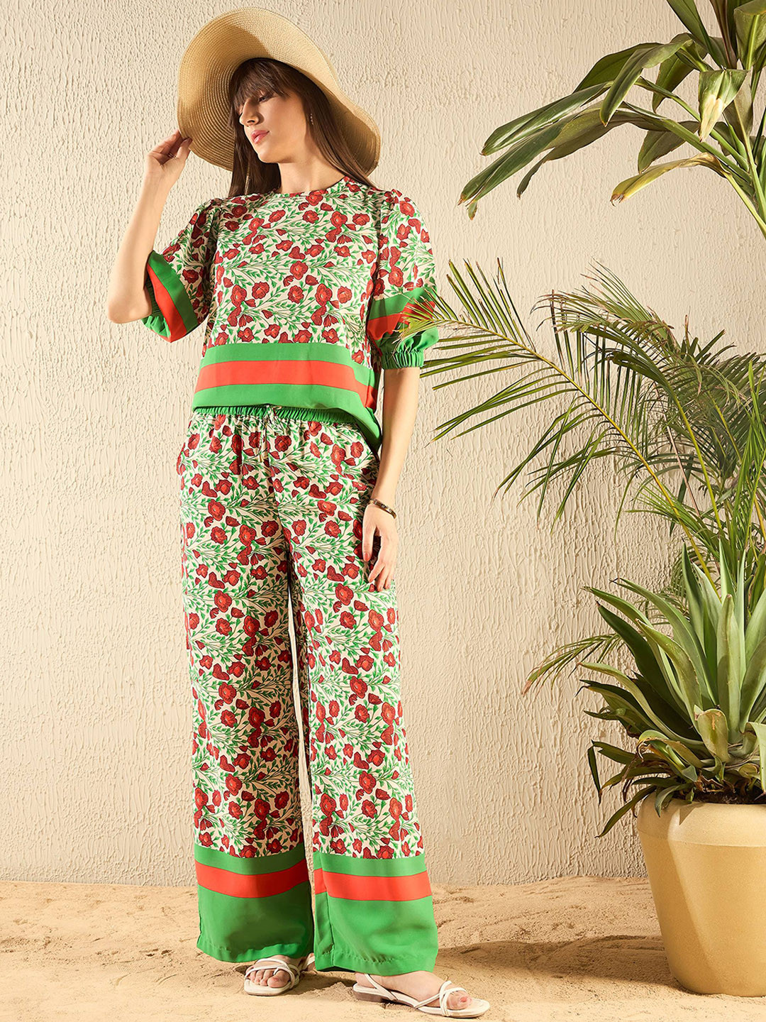 

SASSAFRAS Green Floral-Printed Top & Trousers