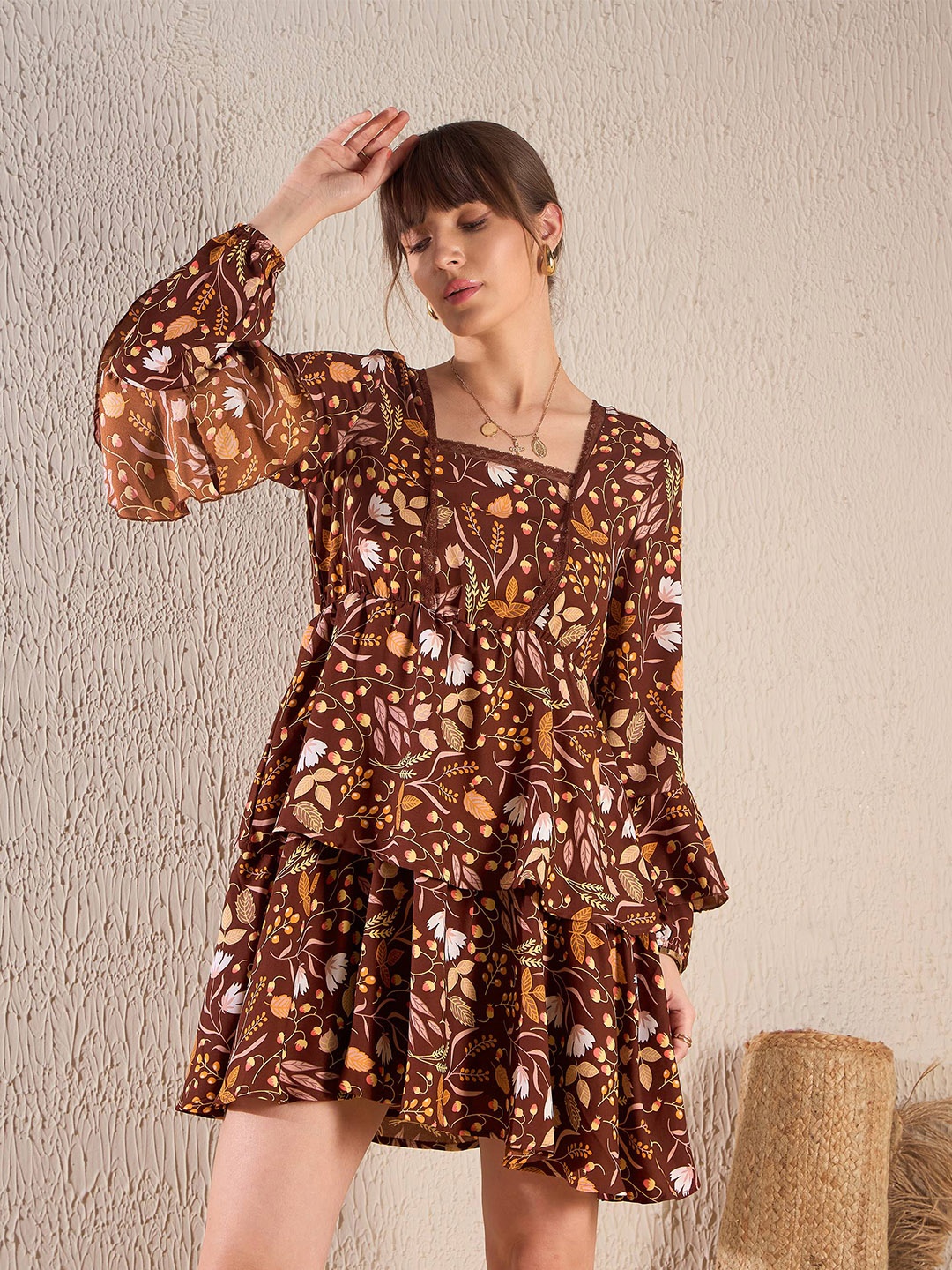 

SASSAFRAS Brown Floral Printed Square Neck Bell Sleeve Ruffled Fit & Flare Dress