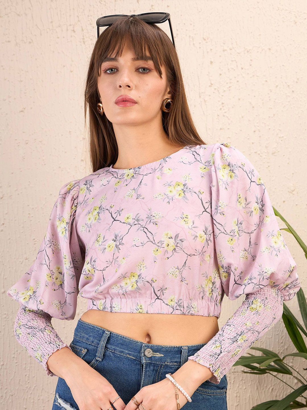 

SASSAFRAS Lilac Floral Printed Smocked Puff Sleeves Crop Top, Purple
