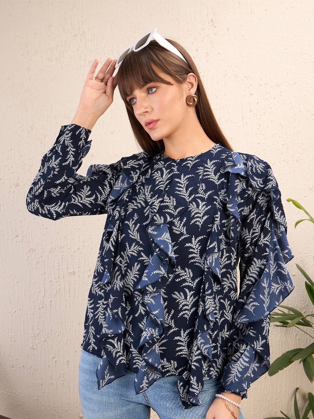 SASSAFRAS Navy Blue Floral Printed Ruffled Top
