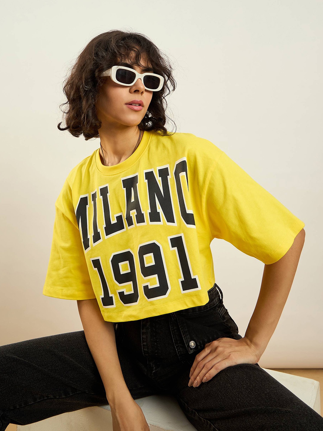 

SASSAFRAS Printed Oversized Cotton Crop T-shirt, Yellow