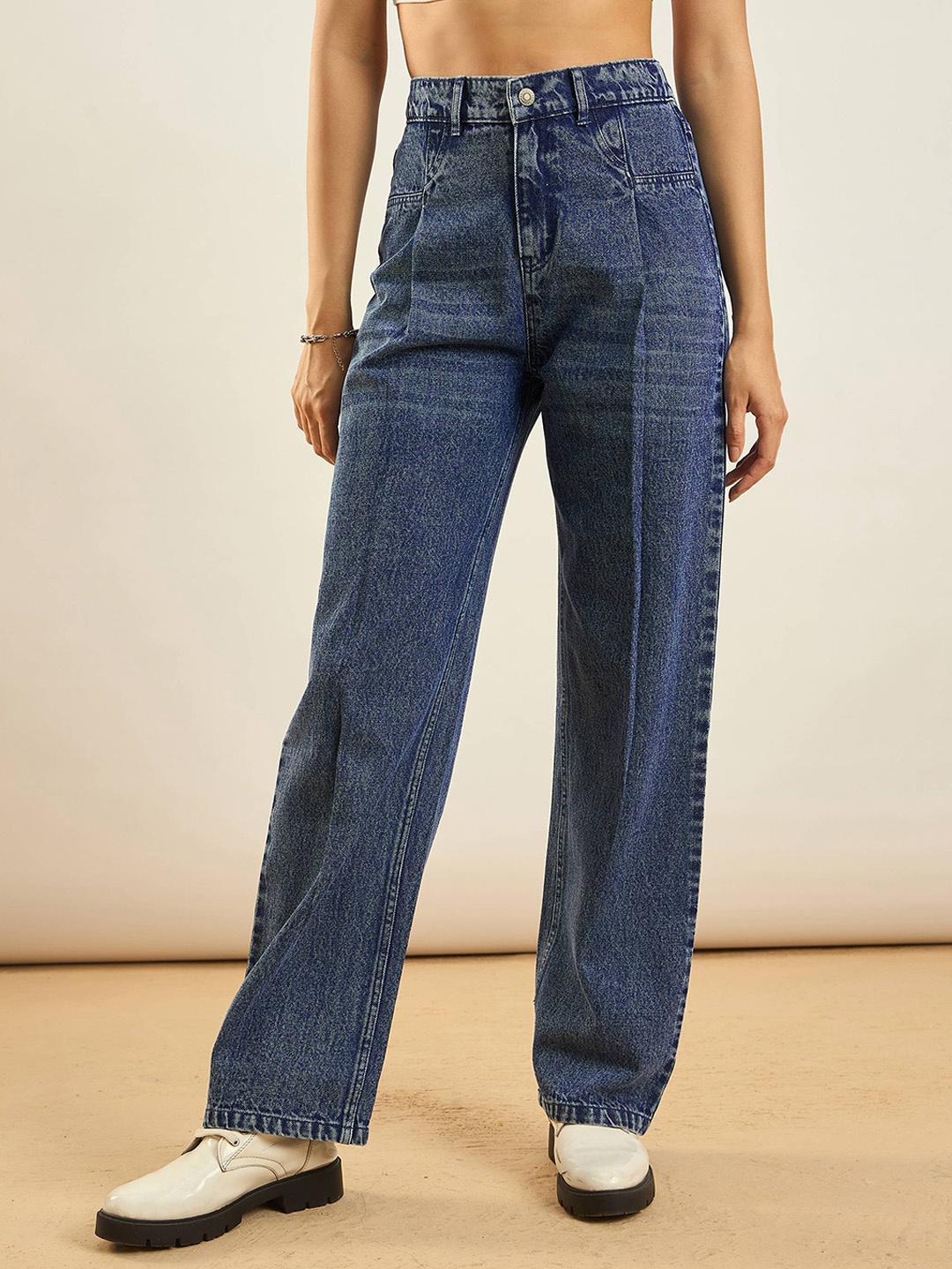 

SASSAFRAS Women Straight Fit High-Rise Clean Look Acid Wash Stretchable Jeans, Blue