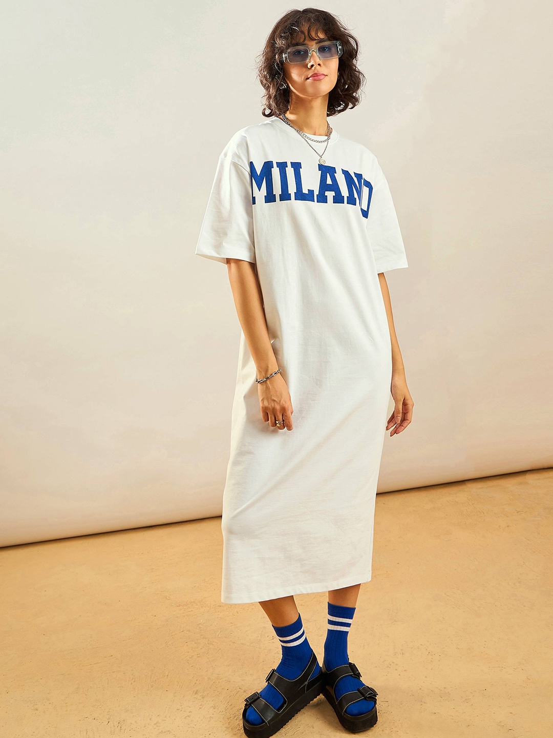 

SASSAFRAS White Typographic Printed Pure Cotton T-shirt Midi Dress