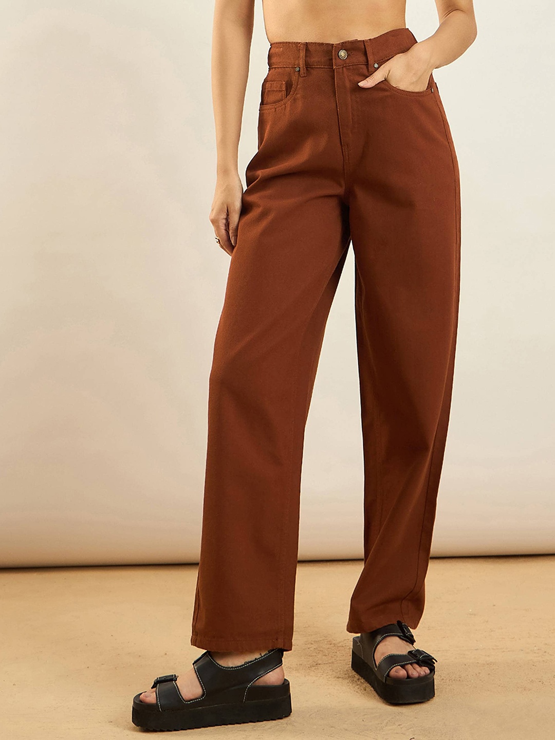 

SASSAFRAS Women Straight Fit High-Rise Acid Wash Pure Cotton Jeans, Rust